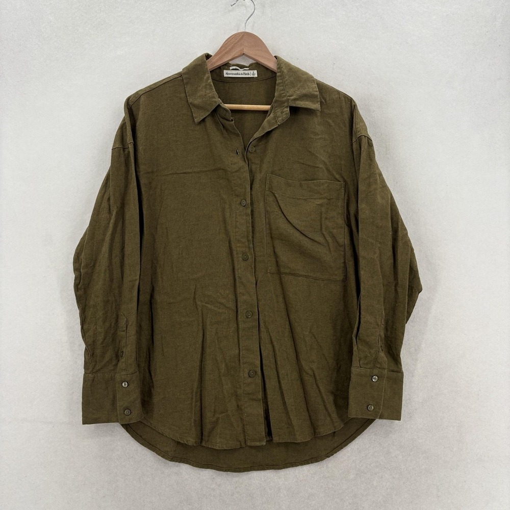 Abercrombie & Fitch Shirt Womens Small Green Linen Cotton Button Up Oversized